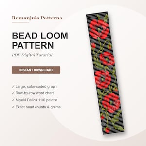 Puede incluir: Un patrón de telar de abalorios con un diseño floral con amapolas rojas sobre un fondo negro. El patrón es un tutorial digital en PDF, con el texto "BEAD LOOM PATTERN" y "INSTANT DOWNLOAD". El patrón incluye un gráfico grande codificado por colores y una paleta Miyuki Delica 11/0.