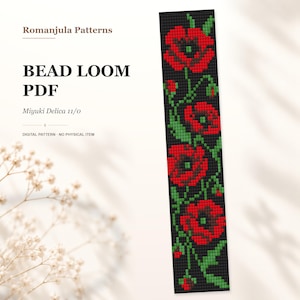 Puede incluir: Un patrón digital de telar de cuentas en PDF de Romanjula Patterns para cuentas Miyuki Delica 11/0. El diseño muestra una tira negra vertical con un motivo floral repetitivo de amapolas rojas, centros marrón oscuro y tallos verdes.