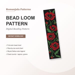 Può includere: Un modello digitale per telaio di perline di Romanjula Patterns con un design verticale di papaveri rossi con steli e foglie verdi su sfondo nero. La grafica include testo per un diagramma a colori, una tabella di parole riga per riga e una legenda.
