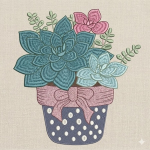 Succulent Plant Pot Embroidery Design, Cute Succulent in Polka Dot Pot with Bow, Botanical Machine Embroidery , 5 sizes, Instant Download
