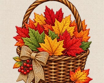 May include: An embroidered basket filled with vibrant autumn maple leaves in shades of red, orange, yellow, and green. A textured burlap bow is tied to the front, accented with a cluster of small red berries. One leaf rests outside the basket.