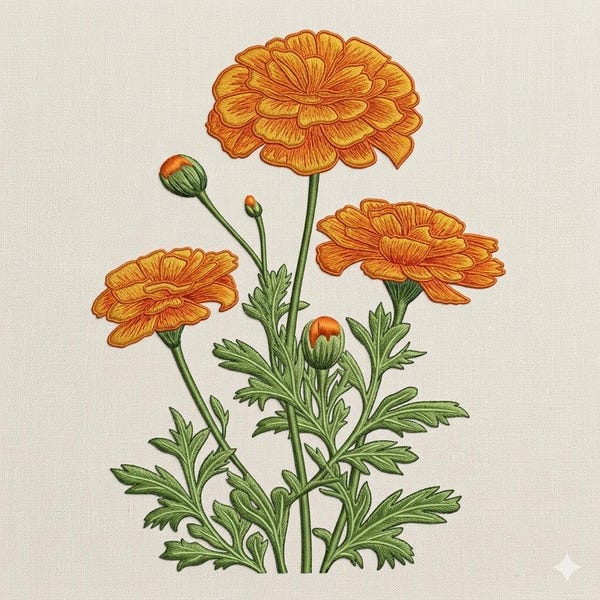 Orange Marigold Embroidery Design, Botanical Flower Embroidery File, Garden Floral Machine Embroidery Pattern, Autumn Bloom Stitch