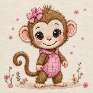 Könnte beinhalten: Ein Stickdesign eines braunen Affen mit großen dunklen Augen, rosa Wangen und einer rosa Schleife auf dem Kopf. Der Affe trägt einen rosa karierten Strampler und steht zwischen kleinen gestickten rosa und orangefarbenen Blumen auf beigem Stoff.