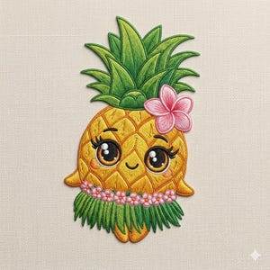 Puede incluir: Parche de piña bordada con una cara sonriente, ojos grandes y una flor rosa. La piña tiene una parte superior de hojas verdes y una falda de hierba hecha de hilo verde. El parche es amarillo y naranja.