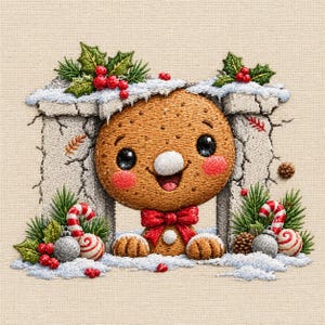 Puede incluir: Un diseño bordado que muestra un personaje de pan de jengibre sonriente asomándose por una chimenea de piedra. La escena incluye hojas de acebo verdes con bayas rojas, bastones de caramelo, adornos plateados y nieve sobre tela texturizada.