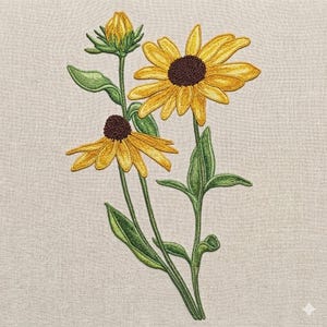 May include: Embroidered floral design featuring yellow coneflowers with brown centers and green leaves. The flowers are in various stages of bloom, with one bud visible. The embroidery is on a neutral-colored fabric, creating a textured appearance.