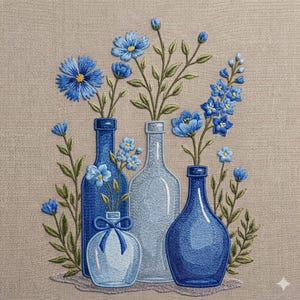 May include: Embroidered artwork featuring four glass bottles in varying shades of blue, each holding blue flowers and green leaves. The bottles are arranged on a beige background, creating a still-life composition. The embroidery details are intricate.