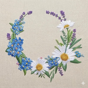 May include: Embroidered floral wreath featuring blue forget-me-nots, white daisies with yellow centers, and purple lavender sprigs. Green leaves and stems complete the design, set against a neutral linen background. A handcrafted, nature-inspired design.