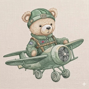 May include: An embroidered design on light beige fabric featuring a tan teddy bear wearing a green aviator cap and a matching green flight jacket. The bear is positioned inside a green propeller airplane with visible wheels and wings.