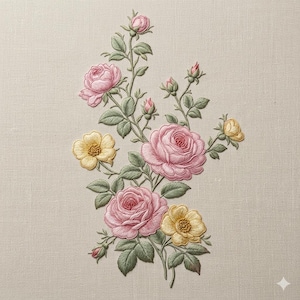 Rosa rosblommig broderidesign, vintage rosbukett broderifil, maskinbroderimönster med botaniska blommor