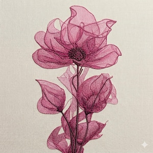 May include: A detailed embroidery of a pink flower with multiple petals and leaves. The flower is the focal point, with delicate threadwork creating a translucent effect. The background is a light beige fabric.