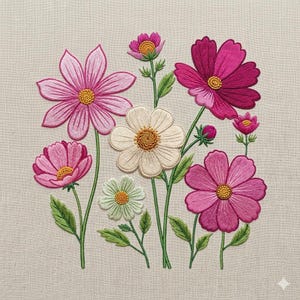 以下が含まれることがあります： ピンク、白、緑の色合いのコスモスが刺繍された花の模様。花の中心は黄色で、ニュートラルな背景に配置されています。刺繍は詳細なステッチとテクスチャード加工された外観を示しています。