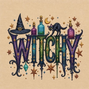 Peut inclure: Une broderie sur tissu beige représentant le mot WITCHY en grandes lettres ornées aux couleurs dégradées. Au-dessus du texte se trouvent un chapeau de sorcière bleu foncé, trois petites fioles, un croissant de lune jaune et un chat noir.