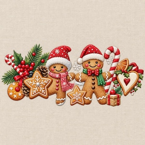 Puede incluir: Una ilustración festiva con dos galletas de jengibre con gorros de Papá Noel rojos, rodeadas de ramas de pino, bayas rojas, piñas, un bastón de caramelo, una galleta en forma de estrella, un corazón, un regalo y una rodaja de naranja.
