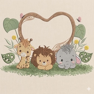 Diseño de bordado de marco de corazón de safari adorable / Archivo de bordado de monograma de león, elefante y jirafa / Bordado a máquina para habitación infantil