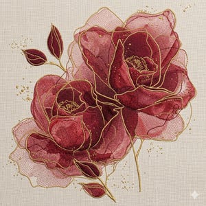 Op de afbeelding: Geborduurd bloemendesign met twee grote, dieprode rozen met gouden contouren en accenten. Het kunstwerk bevat bladeren en gouden spikkels op een neutrale achtergrond, met gedetailleerde steken.