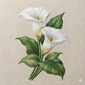 May include: Embroidered artwork featuring two white calla lilies with yellow centers and green leaves. The flowers are set against a neutral beige background, creating a textured, three-dimensional effect. The detailed stitching highlights the natural beauty of the floral arrangement.
