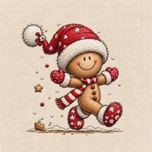 Peut inclure: Un personnage en pain d'épice brodé sur un fond en tissu beige clair. La figurine porte un bonnet rouge avec une bordure blanche et un pompon, des moufles rouges, une écharpe rayée rouge et blanche, et des bottes rouges à motifs d'étoiles.