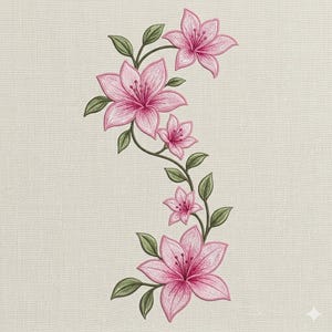 Rosa lilja broderidesign, blommig vinranka maskinbroderifil, elegant botaniskt blommönster, omedelbar nedladdning, 5 storlekar