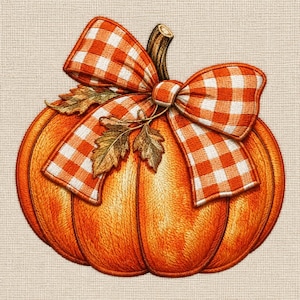 May include: An embroidered orange pumpkin featuring a brown stem and a large bow made of orange and white gingham fabric. The design includes two small embroidered brown leaves tucked beneath the bow, all rendered with detailed stitching.
