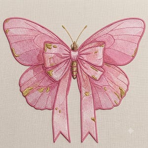 May include: An embroidered patch featuring a pink butterfly with a central bow design. The wings are detailed with pink thread and scattered gold-colored accents. The butterfly body is brown with two thin antennae extending from the top center.