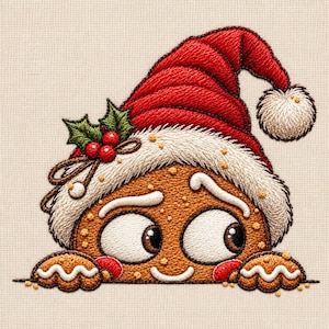 May include: An embroidered patch featuring a brown gingerbread character wearing a red Santa hat with a white fur trim and pom-pom. The character has large eyes, a small smile, and is decorated with green holly leaves and red berries.