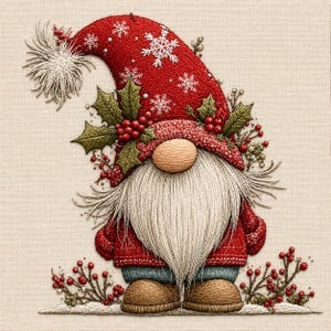 May include: An embroidered gnome featuring a red hat with white snowflake patterns, a large beige nose, and a long white beard. The gnome wears a red sweater and brown boots, accented with green holly leaves and red berries on a cream fabric.
