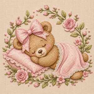 Pode incluir: Uma peça de bordado apresentando um urso de pelúcia marrom dormindo em um travesseiro rosa, coberto por um cobertor rosa com acabamento em renda. O urso usa um grande laço rosa na cabeça. A cena é emoldurada por rosas e folhas verdes.