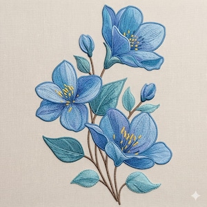 Diseño de bordado de flores azules, archivo de bordado floral botánico, elegante diseño de flores silvestres, bordado de naturaleza, 5 tamaños, descarga instantánea