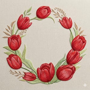 Puede incluir: Corona bordada con vibrantes tulipanes rojos, hojas verdes y delicadas ramitas marrones. El diseño floral se asienta sobre un fondo neutro, creando una estética clásica y elegante. Ideal para la decoración del hogar.