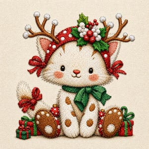 May include: An embroidered design of a white kitten with brown spots wearing a red polka-dot hat with reindeer antlers, green holly leaves, and red berries. The kitten has a green bow around its neck and sits among red and green gift boxes.