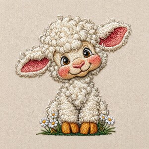 May include: An embroidered patch featuring a fluffy white lamb with large brown eyes, pink cheeks, and pink inner ears. The lamb is sitting in a small patch of green grass with white daisy flowers at its feet, all rendered in detailed thread work.