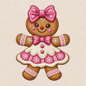 Puede incluir: Un parche bordado de una figura de pan de jengibre con cuerpo de galleta marrón, un lazo rosa en la cabeza y una pajarita rosa. La figura lleva un vestido blanco y rosa decorado con patrones de copos de nieve blancos, botones redondos y bordes.