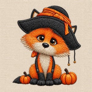 Könnte beinhalten: Ein gestickter Aufnäher mit einem flauschigen orangefarbenen Fuchs mit großen braunen Augen, der einen schwarzen breitkrempigen Hut mit orangefarbenem Band trägt. Der Fuchs trägt eine schwarze Latzhose und sitzt zwischen zwei kleinen, runden, orangefarbenen Kürbissen.