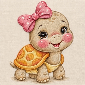 May include: An embroidered design of a light brown turtle with a yellow and orange shell. The turtle features large dark eyes, long eyelashes, and pink cheeks. A bright pink bow with white polka dots is attached to the top of the turtle's head.
