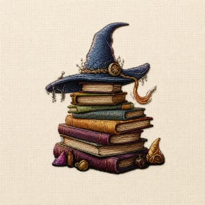 May include: An embroidery design featuring a stack of seven books in various colors including green, blue, yellow, and purple. A dark blue pointed hat with a gold-colored circular emblem rests on top. Small objects like a shell and vials sit at the base.