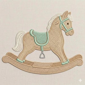 May include: An embroidery design of a tan rocking horse with a light mint green saddle, bridle, and leg accents. The horse features a white mane and tail, with a silver-colored stirrup hanging from the saddle, all rendered in detailed stitching.
