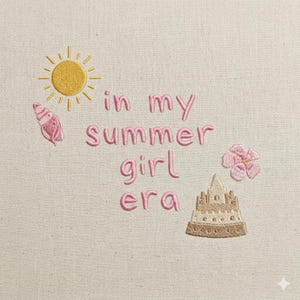 Broderidesign med sommarflicka-eran, söt strandcitat med solsnäckor och sandslott, flickaktigt sommarbroderi, 5 storlekar, direktnedladdning