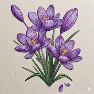 Diseño de bordado de azafrán morado, archivo de bordado a máquina de flores de primavera, arte floral botánico, 5 tamaños, descarga instantánea