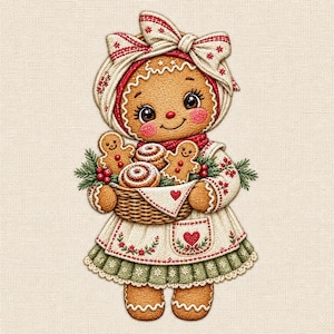May include: An embroidered illustration of a gingerbread character wearing a white headscarf with a large bow, a white apron with red floral accents, and a green pleated skirt. The character holds a woven basket filled with gingerbread cookies and rolls.