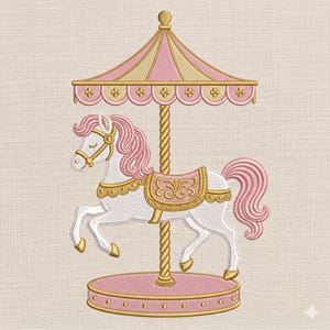 May include: An embroidery design of a carousel horse with a white body, pink mane and tail, and gold accents. The horse stands on a circular pink base under a striped pink and gold canopy, supported by a central gold pole with a twisted rope texture.