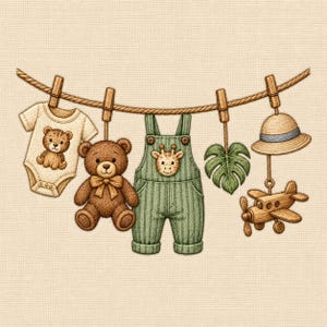 Peut inclure: Une illustration brodée d'une corde à linge avec un body pour bébé crème orné d'un ours, un ours en peluche marron, une salopette verte avec une tête de girafe, une feuille verte, un chapeau de paille à ruban bleu et un avion en bois.