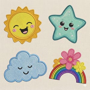 May include: Four embroidered patches with cheerful designs. A smiling yellow sun, a teal star, a light blue cloud, and a rainbow with flowers. The patches are designed with a whimsical style.