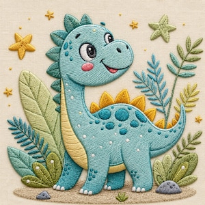 May include: An embroidered design on light fabric featuring a teal dinosaur with a yellow underbelly, yellow back spikes, and pink cheeks. The scene includes green foliage, yellow star shapes, and small gray rocks, all rendered in detailed thread work.