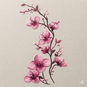 Broderidesign med körsbärsblommor, broderifil med sakurakvist, elegant rosa blomma, vårbroderi, 5 storlekar, direktnedladdning