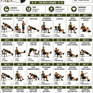 May include: A 28-day military chair workout challenge chart featuring a grid of 28 daily exercise routines. Each box displays a specific movement, set, and rep count, accompanied by instructional text, fitness goals, and a progress tracker.