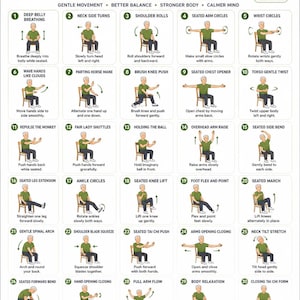 Peut inclure: Un tableau d'exercices de Tai Chi sur chaise de 30 jours pour seniors présentant 30 illustrations numérotées d'une personne effectuant des mouvements assis. L'affiche inclut des titres pour chaque exercice, des bienfaits, des conseils et la fréquence.