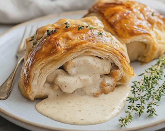 Descarga la receta irresistible de pollo Wellington con salsa de crema de Dijon.