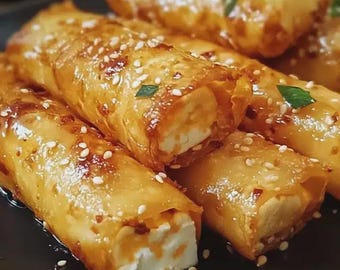 Rollitos de queso feta fritos al horno con miel y chile (Descargar)