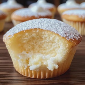 以下が含まれることがあります： 一口食べられたカップケーキのクローズアップ。クリームフィリングが見えます。カップケーキは粉砂糖をまぶし、溝の入った紙のライナーに入っています。他のカップケーキは背景でぼやけています。